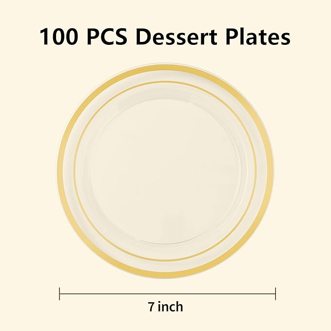 100PCS Clear Plastic Plates for Party, 7 Inch Heavy Duty Dinner Plates with Gold Rim, Disposable Plates for Wedding and Birthday