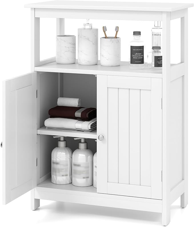 Tangkula Bathroom Storage Cabinet, Freestanding Floor Organizer with 2 Doors & 1 Adjustable Shelf, Modern Home Bathroom Furniture for Living Room Entryway Kitchen (Cabinet, White)