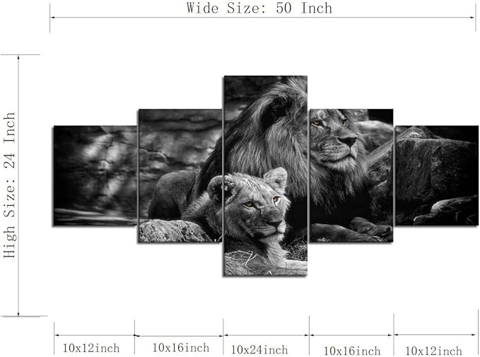 Yatsen Bridge 5 Piece Lion Picture Wall Decor Black and White Lion and Lioness Picture Printed on Canvas Modern Gallery-Wrapped Lion Painting Ready to Hang for Home and Office Decor - 50''W x 24''H