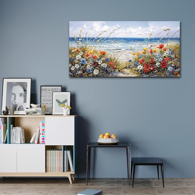 MHARTK66 Canvas Wall Art For Living Room Farmhouse Bedroom Wall Painting Blue Beach Ocean Pictures Office Photos Watercolor Wall Decor Flowers Nature Artwork For Walls Modern Home Decorations
