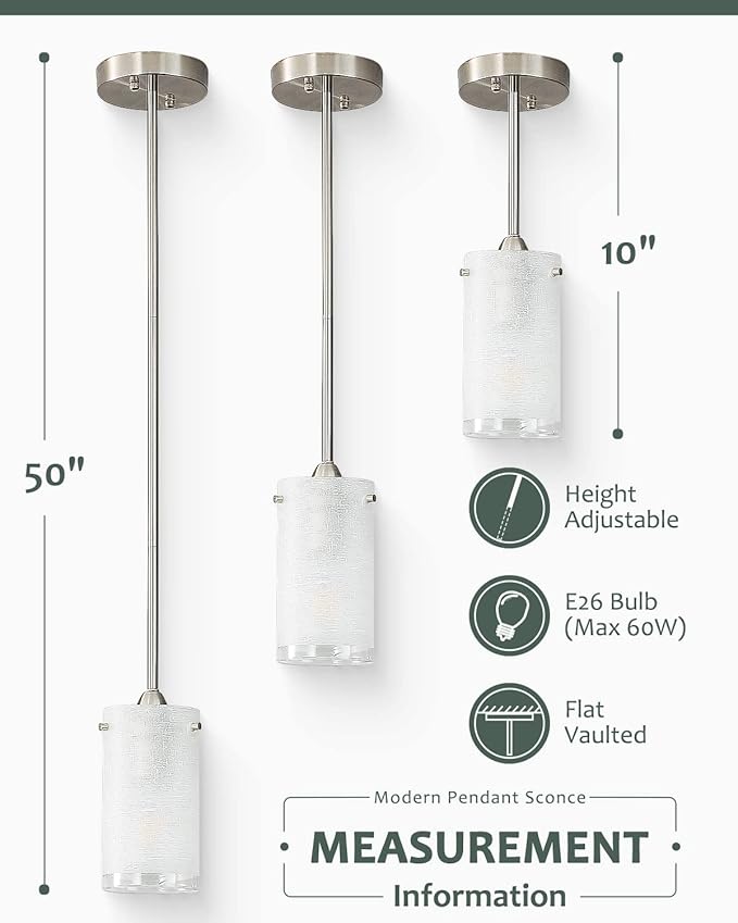 1-Light Mini Pendant Light Fixtures, Modern Chandelier Hanging Ceiling Light with White Frosted Shade, Brushed Nickel Pendant Lighting for Kitchen Bedroom Hallway, Adjustable Height, 3 Pack