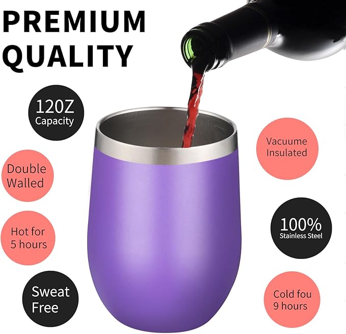12oz/4 Pack Wine Tumbler Glasses with Lid Stemless Double Wall Vacuum Stainless Steel Travel Tumbler Keeping Cold & Hot for Wine,Coffee,Cocktails,Drinks-Family and Gifts (Multi color-4)