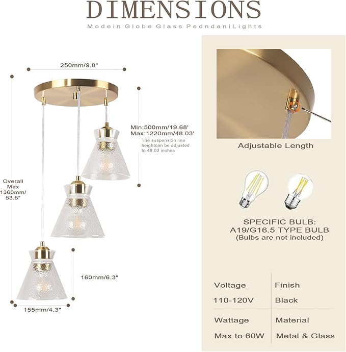 Industrial Farmhouse 3 Pendant Chandelier Light with Handblown Seeded Glass Shade Gold Brushed Nickel Hanging Light for Kitchen Island Dining Room Living Room,Foyer,Stairway