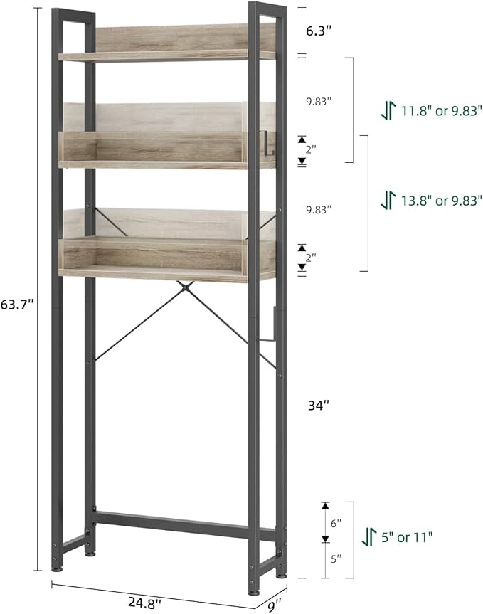 OTK Over-The-Toilet Storage, 3 Tier Bathroom Organizer Shelf, Freestanding Space Saver with Toilet Paper Holder, Multifunctional Over The Toilet Rack, White Oak