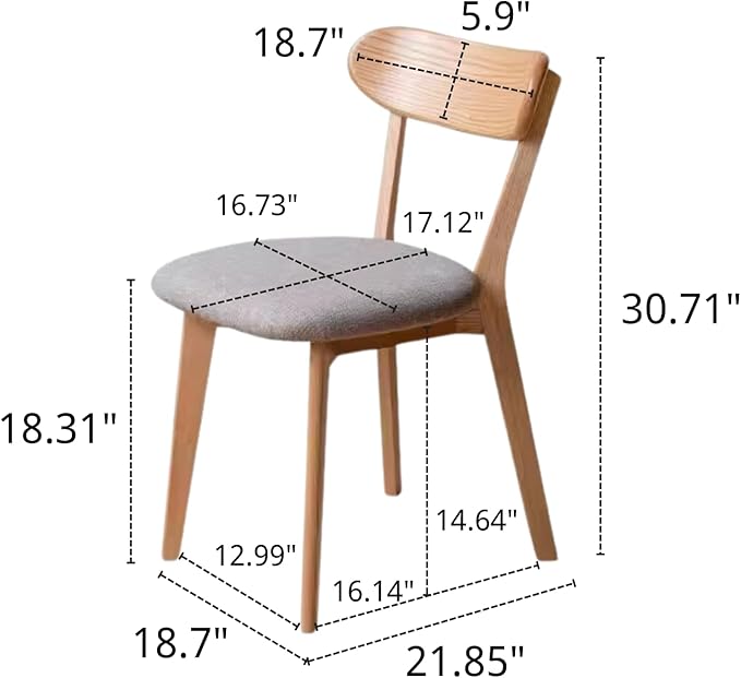 100% Solid Oak Wooden Dining Chairs - Practical Kitchen Chairs with Upholstered Cushion - Wood Chairs Set of 2 for Dining Room, Kitchen (2, Natural with Grey Cushion)
