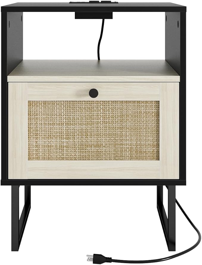 Rattan Nightstand with Charging Station, Boho Night Stand Farmhouse Wood Bedside Table with Storage and Open Shelf, End Side Accent Table for Bedroom,Living Room,Black and Oak