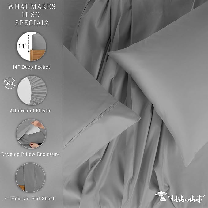 URBANHUT 700 Thread Count Egyptian Cotton Sheets Twin Size, 4Pc Sheet Set Soft Luxury Bed Sheets for Twin Size Bed, Sateen Weave Hotel Sheets, 14'' Elasticized Deep Pocket - Dark Grey