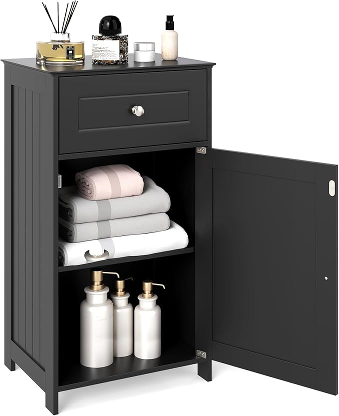 Tangkula Small Bathroom Cabinet for Small Spaces, Free-Standing Single Door Storage with Adjustable Shelf, Anti-Tipping Device, Smooth Drawer, Floor Cabinet for Bathroom & Living Room (Black)
