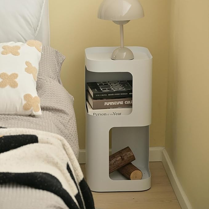 Modern Side Table,Small end Table for Small Spaces,Metal nightstand with Storage Shelf,Space-Saving Bedside Table Accent Table Drink Tables for Living Room,Bedroom.No Assembly Required (White)