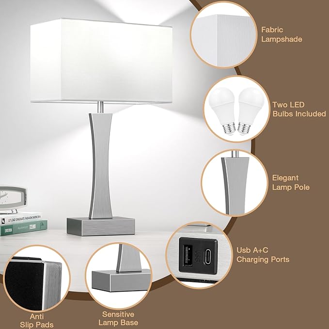 Bedside Lamps for Night Stands - 3 Way Dimmable Table Lamp for Bedroom with USB C+A Ports,Modern Bedside Lamps Set of 2, Touch Lamps for Nightstands(Silver)