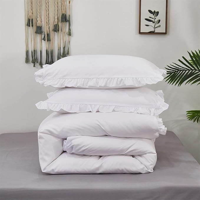 Luxlovery White Ruffle Comforter Set Full Farmhouse Boho Bedding Comforter Set Plain White Shabby Chic Solid Blanket Quilts Vintage Rustic Bedding Set with Ruffles for Full Bed