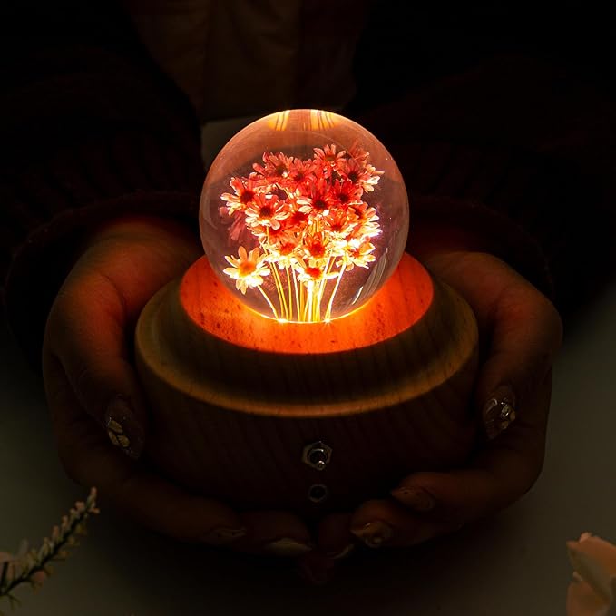 1 Pieces Wooden Red Daisy Wind-Up Music Box with night light You are my sunshine song Mechanism Elegant Romantic Musical Gift for Birthday Anniversary Valentine's Day Women, Girls, Wife, Girlfriend