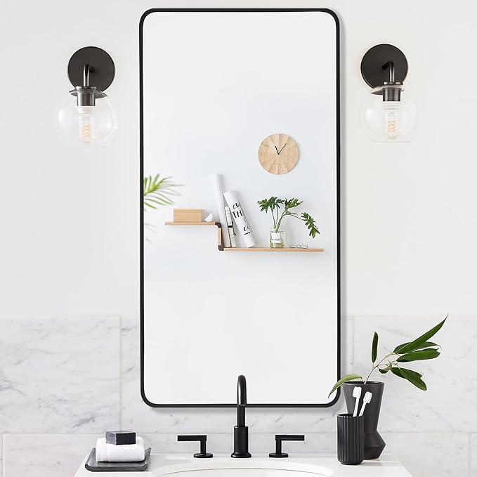 20x40 Inch Rectangle Bathroom Mirror with Black Metal Frame, Rounded Corner Rectangular Vanity Mirror for Wall, Modern Large for Bedroom, Living Room, Horizontal or Vertical