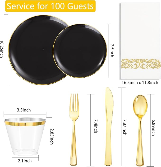 700PCS Black and Gold Disposable Dinnerware Set - Includes 100 Black Plastic Plates, 100 Dessert Plates, 100 Gold Plastic Silverware Set, 100 Cups 9 OZ, 100 Napkins Ideal for Wedding Party Birthday