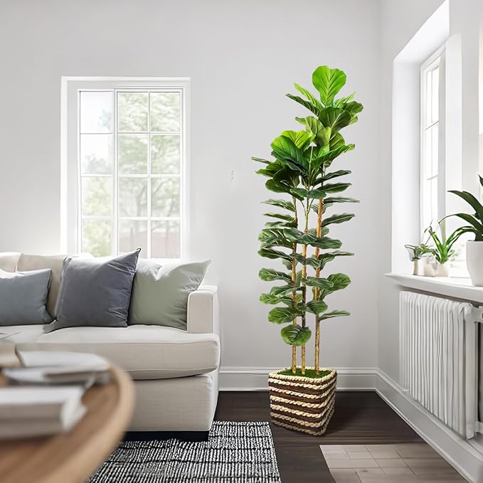 Artificial Fiddle Leaf Fig Tree Indoor with Woven Basket - 5ft Tall Fake Tree with Real-Wood Trunk,Faux Plants for Living Rooms, Offices, Kitchens & Outdoor Spaces (Square Basket)