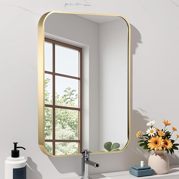 22x30 Inch Gold Bathroom Mirror, Brushed Brass Gold Metal Framed Rectangular Mirror with Rounded Corner, Bathroom Vanity Mirror for Bedroom or Living Room, Horizontal/Vertical