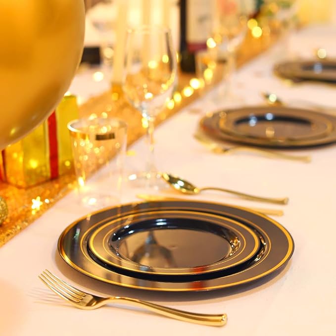 bUCLA 100 Pieces Black and Gold Plastic Dessert Plates - 7.5inch Disposable Salad/Appetizer Plates - Ideal for Party, Graduation & Fathers Day