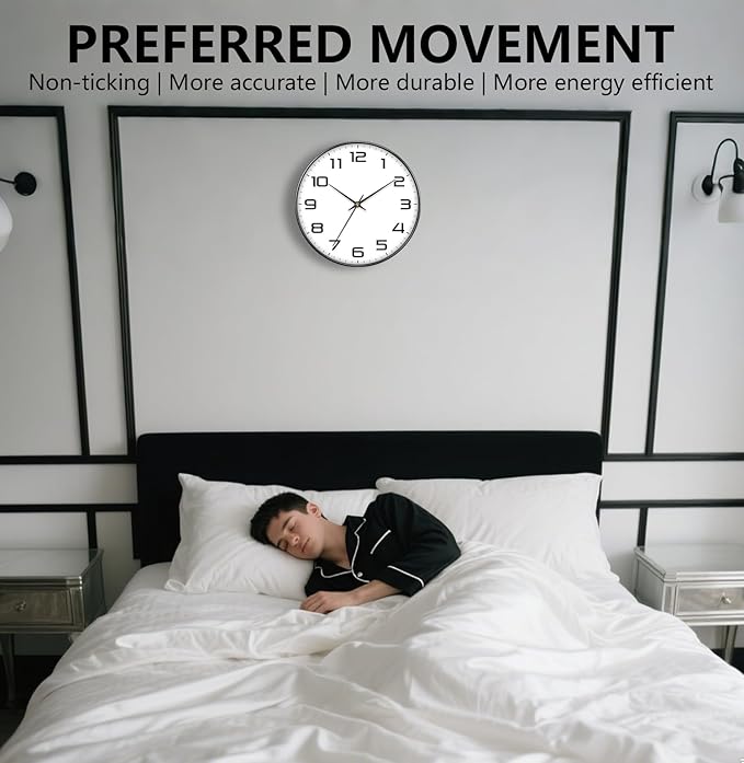 8 Inch Modern Wall Clocks Battery Operated - Silent Non Ticking Quartz Analog Clock with Large Numbers, Easy to Read Digital Wall Clock for Bedroom, Living Room, Kitchen, Office, Gym, Black