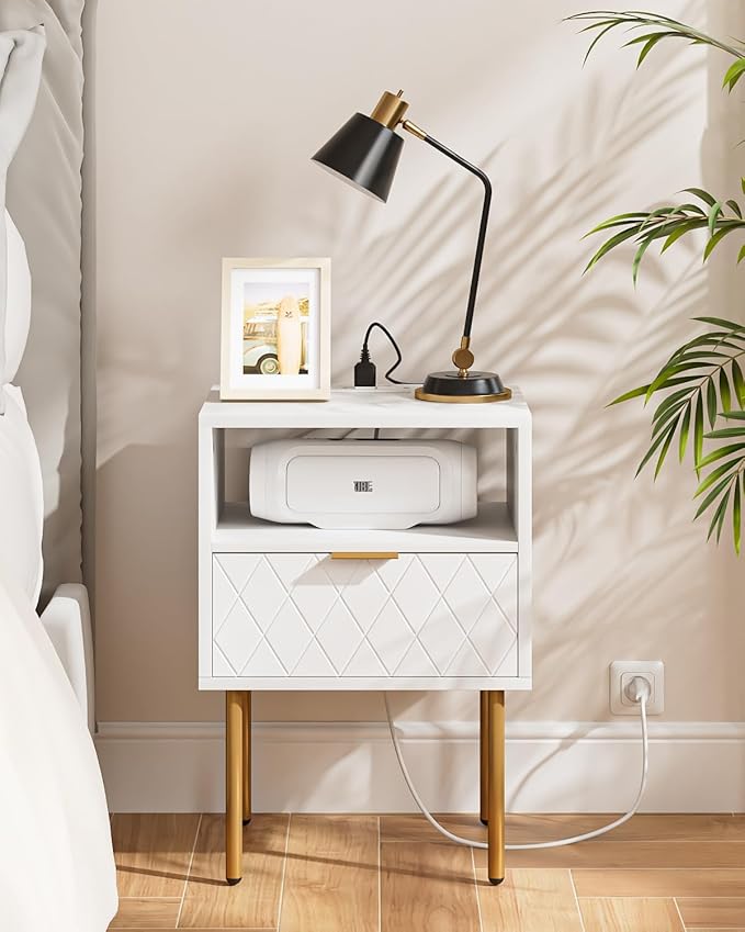 Nightstand,Morden Bedside Table with Gold Frame,Small White Night Stand,End Table,Bedside Furniture,Side Table with Drawer and Shelf for Bedroom,Living Room (1Drawer, White-Outlet-pane)