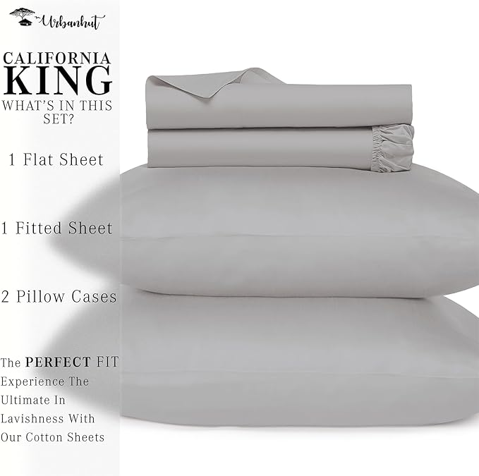 URBANHUT 700 Thread Count Egyptian Cotton Sheets California King Size, 4Pc Sheet Set Luxury Bed Sheets for California King Bed, Sateen Weave Hotel Sheets, 16'' Elasticized Deep Pocket - Silver Grey