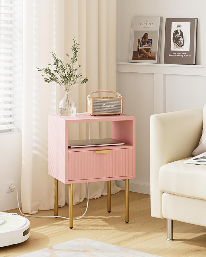 Nightstand,Morden Bedside Table with Gold Frame,Small White Night Stand,End Table,Bedside Furniture,Side Table with Drawer and Shelf for Bedroom,Living Room (1Drawer, Pink-Outlet)