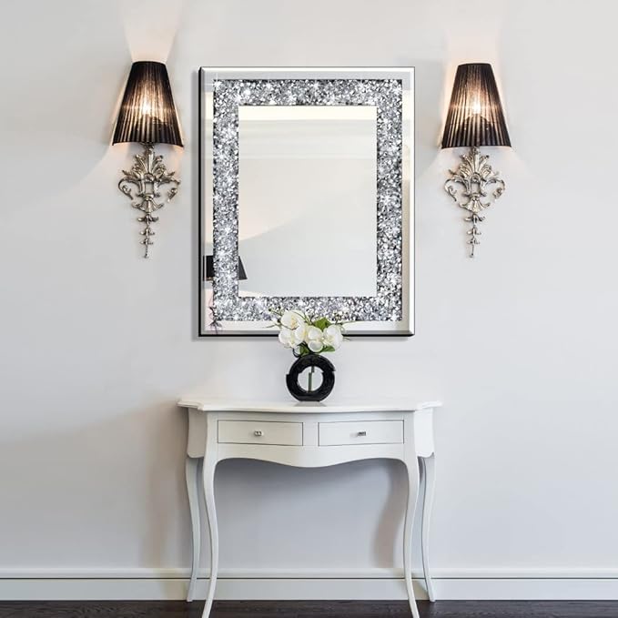 Rectangle Sparkling Decorative Wall Mirror for Home Decoration with Silver Crystal Crush Diamond Décor, Dimention16x20x1 inch, Wall Hang Frameless Mirrors Glass Diamond Décor.