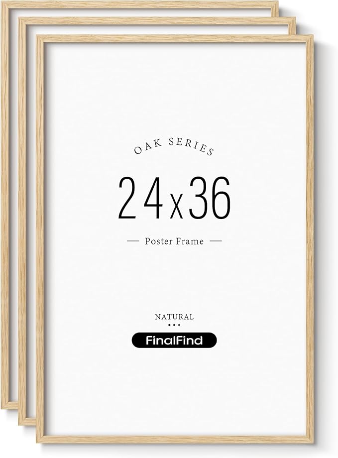 Minimalist 24x36 Poster Frame Set of 3, Natural Solid Oak Wood 24x36 Picture Frame, Lightweight for Wall Moungting (3 Pack, Oak)