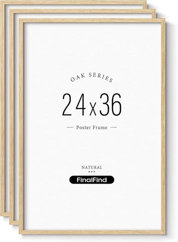 Minimalist 24x36 Poster Frame Set of 3, Natural Solid Oak Wood 24x36 Picture Frame, Lightweight for Wall Moungting (3 Pack, Oak)