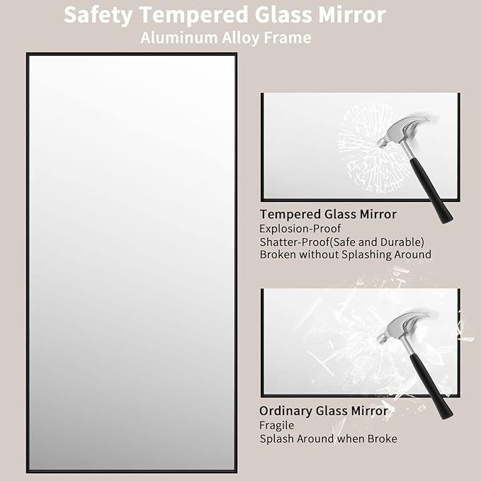 LOAAO 72"X36" Black Rectangle Bathroom Mirror Wall, Matte Black Aluminum Alloy Frame, Tempered Glass, Hangs Vertically or Horizontally, Easy to Install