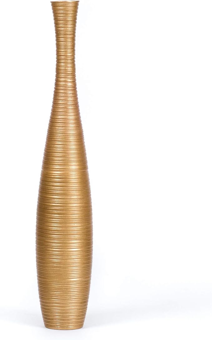 Leewadee Large Gold Home Decor Floor Vase – Wooden 34 inches Tall Farmhouse Decor Flower Holder for Fake Plant and Pampas Grass