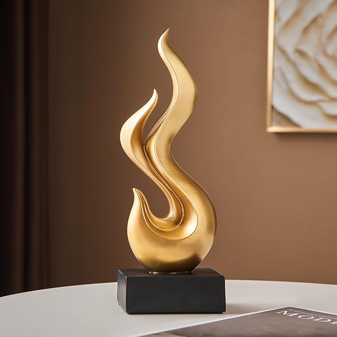 FJS Gold Decor Abstract Flame Statue, Modern Home Decorations for Living Room Dining Room, Resin Sculptures for Shelf Bookshelf Coffee Table Centerpiece