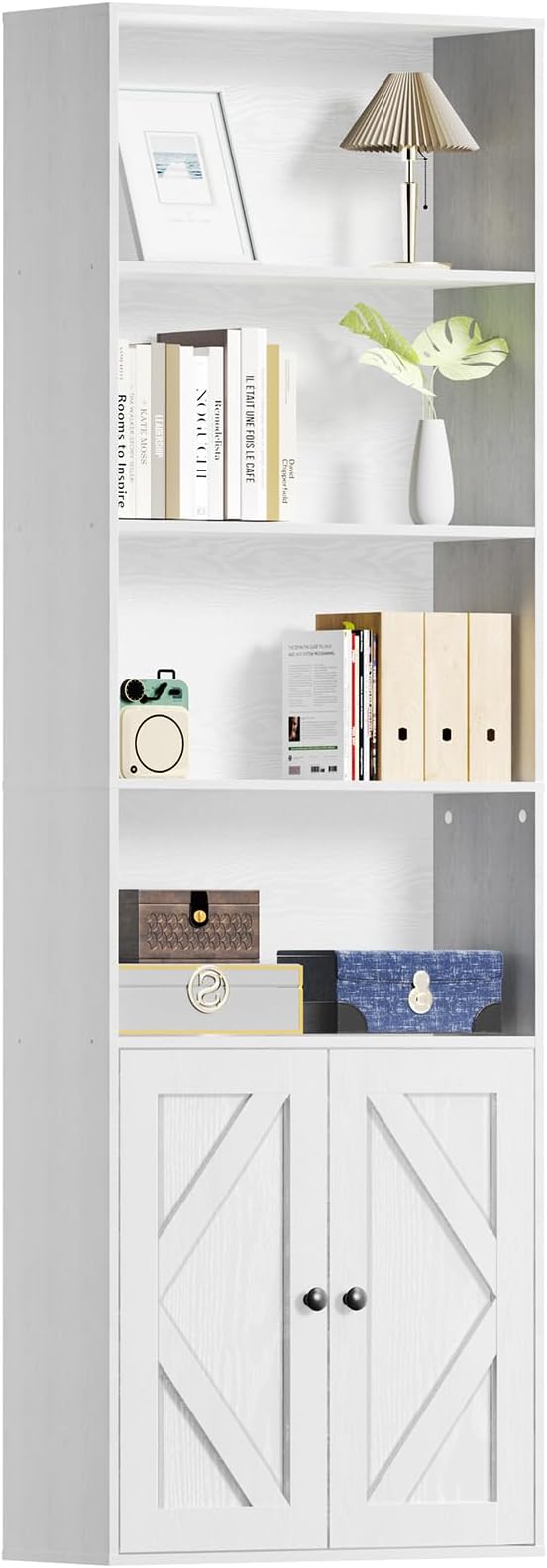 Tall Wooden Bookshelf with Cabinet and Doors,White Bookcase for Bedroom, Living Room, or Home Office Storage, 6 Shelves for Heavy Books & Organization