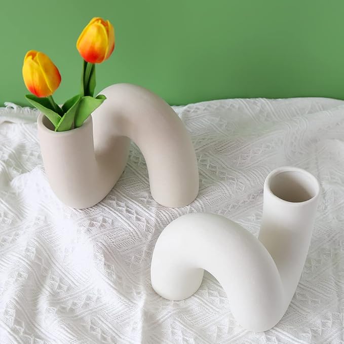 White Ceramic Flower Vase for Decor,Modern Minimalist Abstraction Vases,Farmhouse Decorative vase for Centerpieces,Kitchen,Office, Living Room,Wedding Floral Decoration (Light Brown)