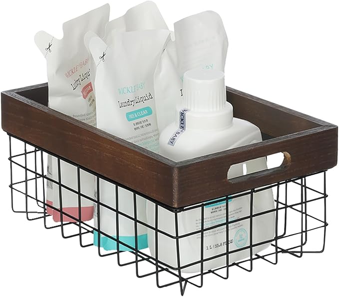 Set of 3 Metal Wire Baskets for Organizing Wood Top with Handles Storage Organizer Farmhouse Decor for Kitchen Cabinets Pantry Laundry Room Bathroom Closets Nesting Countertop Baskets