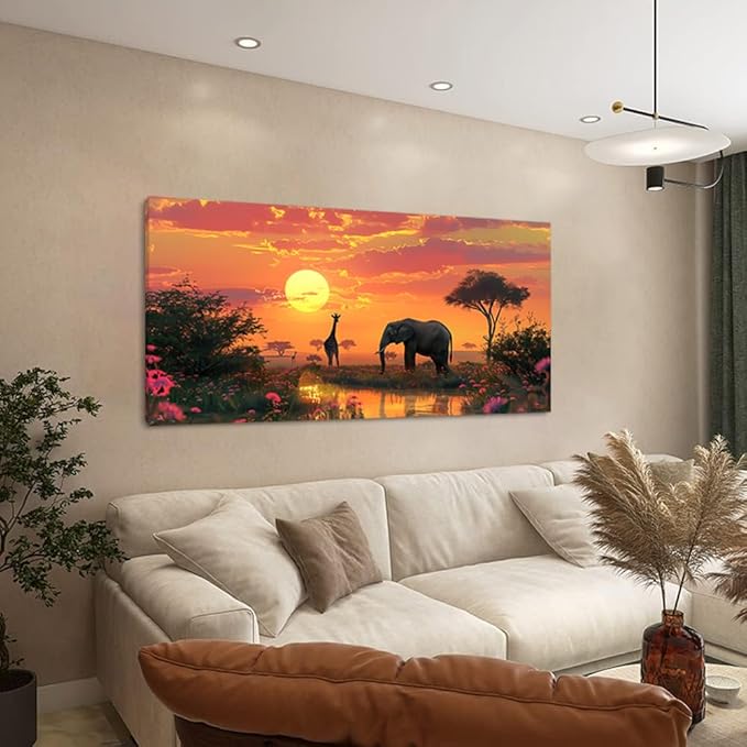 Giraffe and Elephant on Grassland Wall Art Decor Artwork for Bedroom (30x60 Inches)