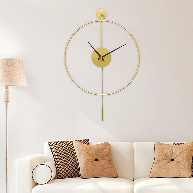 YISITEONE Classical Large Decorative Wall Clock with Pendulum, Modern Non-Ticking Silent Metal Wall Clocks for Living Room, Bedroom, Study, Office, 23.6" (Gold)