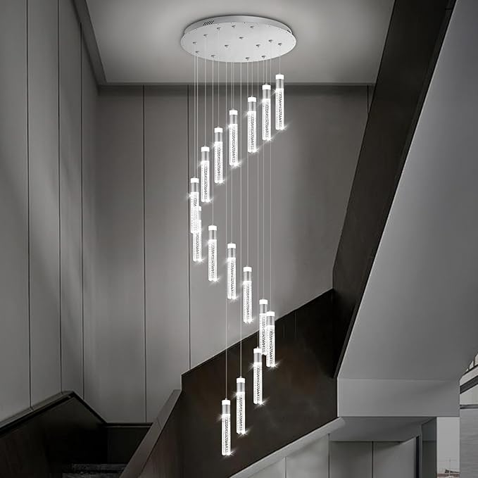 16-Light Silver Modern Crystal Raindrop Chandelier for Foyer Stair Well Entrance 118" Long Crystal Bubble Column Chandelier for High Ceiling Dimmable Lighting Fixtures