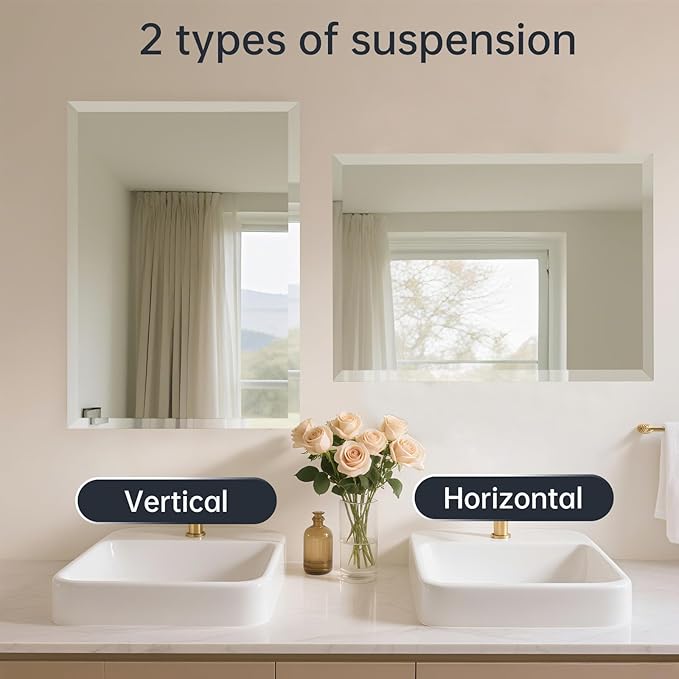 24x36 Inch Frameless Wall Mirror with 1" Beveled Edge, Frameless Rectangle Mirror for Bathroom, Vanity, Living Room