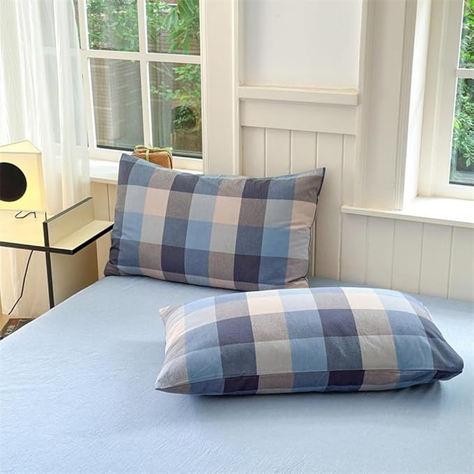 VM VOUGEMARKET Blue Plaid Duvet Cover Sets Queen,Soft Washed Cotton 3 Pieces Gingham Duvet Cover with Zipper Closure for Teen Boys Girls Simple Modern Bedding Set (Blue/Grey/Beige)