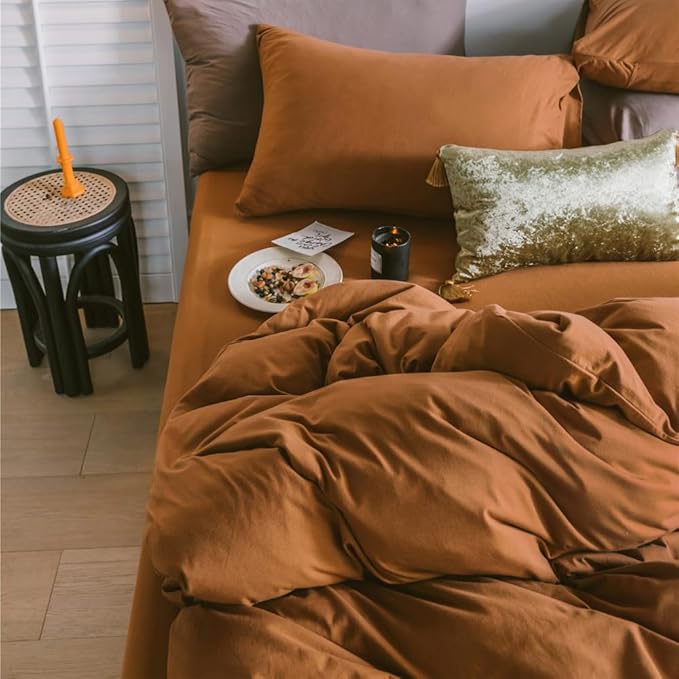 Wellboo Pumpkin Comforter Set King Size Solid Rust Bedding Comforters Plain Terracotta King Comforter Quilts Cotton Dusty Orange Bedding Women Girls Pure Burnt Orange Bed Dark Cinnamon Brown Soft Bed