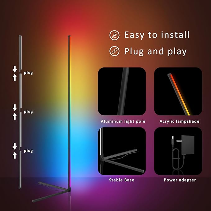 Corner Lamp, Led Floor Lamp, RGB Ambient Lighting, Smart Modern Floor Lamp with Remote, Color Changing Dimmable Corner Light with Music Sync, Mood Lighting for Bedroom, Living Room Gaming Room