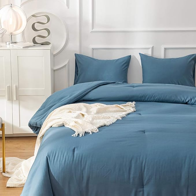 Pureant Blue Comforter Set King Size Dusty Blue Bedding Comforter Sets for Women Men Cotton Lake Blue King Comforter Soft Adults Grayish Comforter Sets Solid Color Quilt Breathable