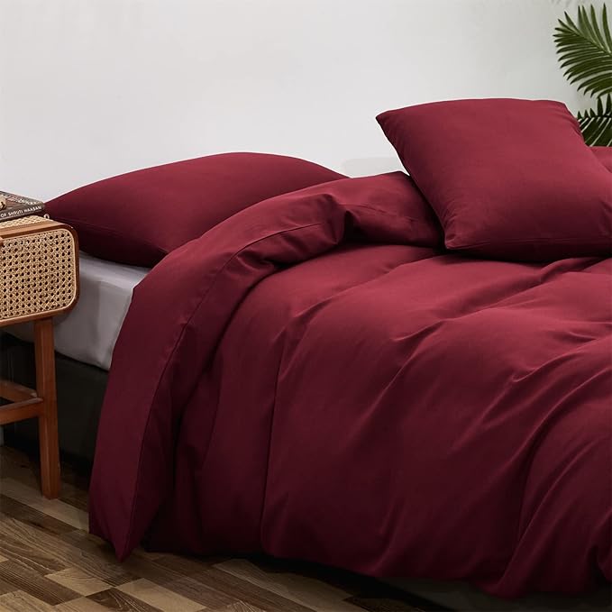 Luxlovery Dark Red Comforter Set Cal King Burgundy Bedding Set California King Women Wine Red Crimson Blanket Quilts Modern Solid Claret 3 Piece Marroon Bedding Comforter Set