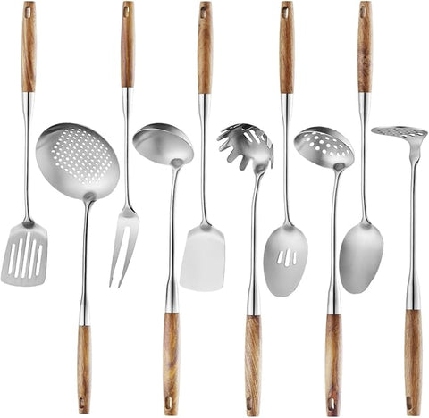 10 Pcs Cooking Utensils Set 304 Stainlss Steel Kitchen Utensils Set Heat Resistant Wooden Handle Kitchen Tools Metal Kitchen Utensil Soup Ladle Set, Dishwasher Safe