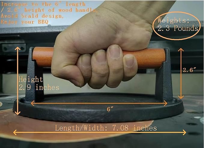 Burger Press 7.08" Round,Heavy-Duty Cast Iron Smash Burger Press Meat Steak With Wood Handle for Blackstone Camp chef Pitboss Weber Griddle Grills(Round)