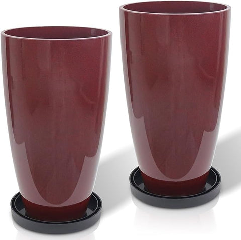 ZMTECH 21 Inch Tall Outdoor Planters Set of 2 Round Tall Plant Pots for Outdoor/Indoor with Shelf Inset, Wine Red Glossy Smooth Finish - Large Plastic Pots with Drainage Holes for Front Porch Patio