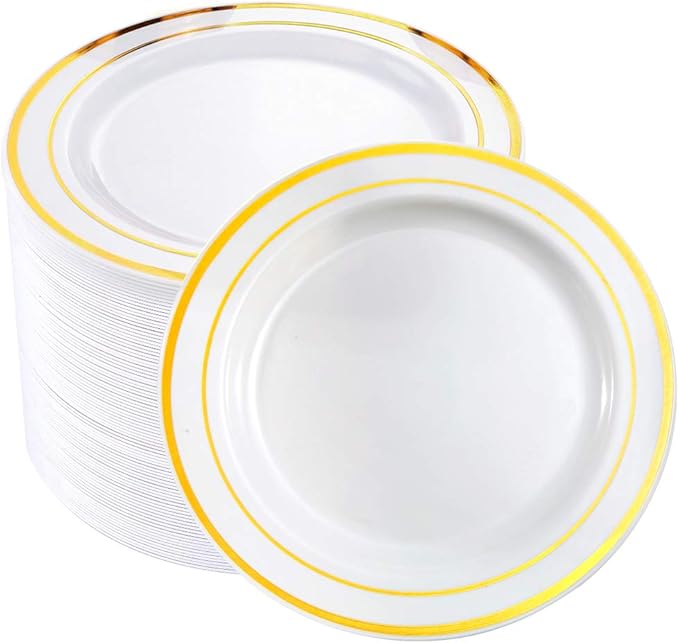 bUCLA 100Pieces Gold Plastic Plates-7.5inch White and Gold Disposable Salad/Dessert Plates - Ideal for Weddings, Party