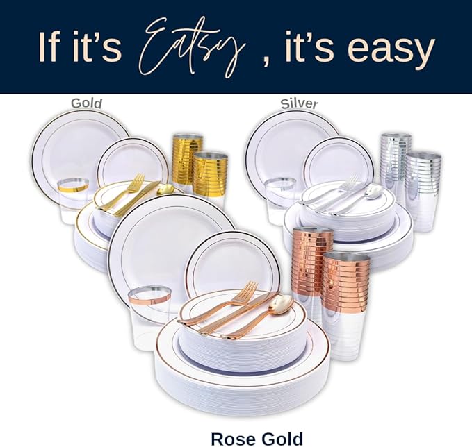 Tableware Dinnerware Set, Premium Heavyweight, Reusable or Disposable Party Plates, Includes Dinner Plate, Dessert Plate, Cutlery, and Cup (Rose Gold, 150-Piece Set, Serves 25 Guests)