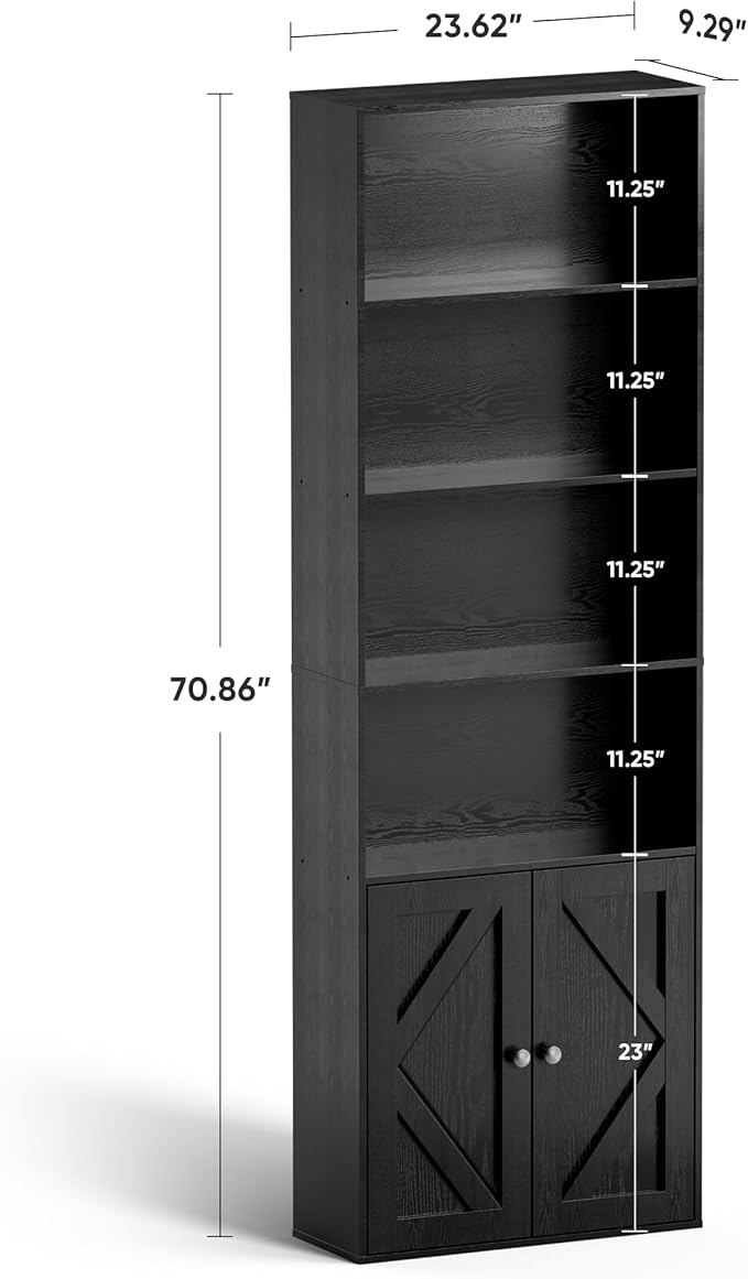 Tall Wooden Bookshelf with Cabinet and Doors,Vintage Black Bookcase for Bedroom, Living Room, or Home Office Storage, 6 Shelves for Heavy Books & Organization