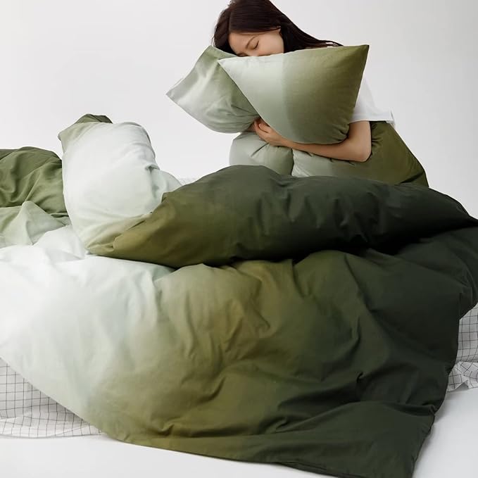 Luxlovery Green White Comforter Set Queen Gradient Color Bedding Comforter Set Dark Green Bedding Set Soft Breathable Blanket Quilts Modern Army Green Color Queen Size Comforter Set